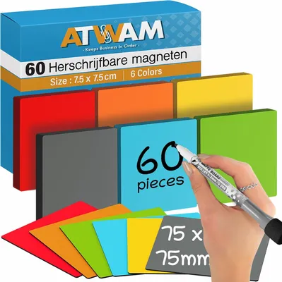 Productafbeelding van Magnetische Scrum-magneetjes, herbruikbaar, 60 stuks, 75 x 75 mm, voor whiteboards