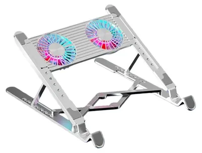 Zdjęcie produktu dla Podstawka pod laptopa – podkładka chłodząca – aluminium – podwójny wentylator – regulowana wysokość – składana – do laptopów 14-calowych – biała