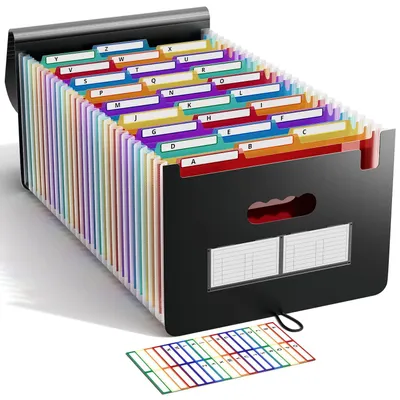 Image de Porte-documents A4 avec 26 compartiments, compartiments coulissants, compartiments de tri, couleur vive, design en accordéon aux couleurs de l'arc-en-ciel, grande capacité, imperméable avec couvercle