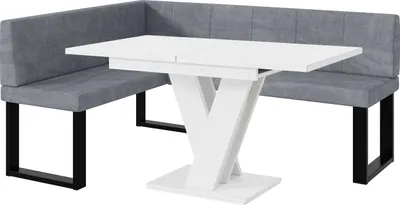 Produktbild von MEBLINI Eckbank für Esszimmer mit ausziehbarem Tisch  - Küchenbank - Essecke - Sitzecke Küche - PETER - U-Beine 128x168x87cm Links - Grau Samt/M Weiß Matt