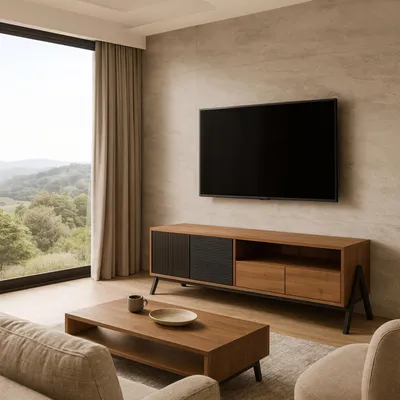 Produktbild von TV-Rack HWC-O40, Lowboard TV-Schrank 2 Schubladen Türen Staufächer, MDF Metall Melamin 48x155x40cm natur