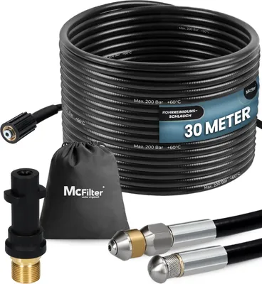 Produktbild von McFilter Hochdruckschlauch Rohrreinigungsschlauch, 30m, 200 bar, kompatibel mit Kärcher, K2 K3 K4 K5 K6 K7 mit Adapter, Düsen starr + rotierend