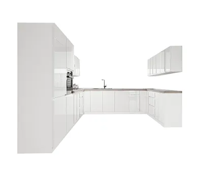 Produktbild von Winkelküche 320 x 320 x 200 cm Eckküche ohne Arbeitsplatte  Einbauküche Küchenblock Ohne E-Geräten , Aspen KA20-M320 , Weiß/Hochglanz