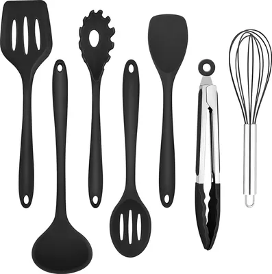 Produktbild von Küchenhelfer Set, 7 Stück Schwarz Silikon Küchenutensilien Kochbesteck set, Antihaft Hitzebeständiger Kochutensilien set mit Pfannenwender zum Kochen, Backen, Gesund/Spülmaschinenfest