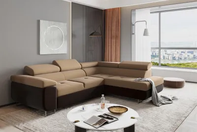 Produktbild von Ecksofa Sofa JADE Stoff Monolith Dunkelbraun-Cappuccino mit Schlaffunktion Ottomane Rechts