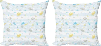 Produktbild von ABAKUHAUS Krabben Kissenbezug Set (2Stück), Maritime Seethema-Krabben und Muscheln Tiere auf dem beschmutzten Hintergrund-Druck, 40 x 40 cm, Blau und Gelb
