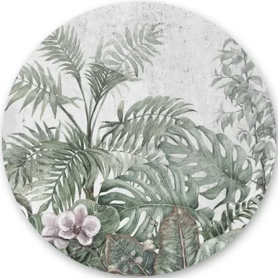 Produktbild von Sticker RUND tropische Blätter Blumen Pflanzen Natur Retro Wohnzimmer Schlafzimmer Wanddeko Wandtattoo Aufkleber 100 cm x 100 cm