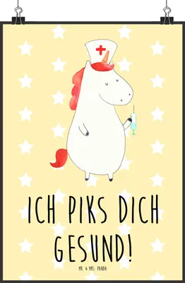 Produktbild von Mr. & Mrs. Panda Bild Einhorn Krankenschwester DIN A2 - Gelb Pastell - Geschenk, drucke, Krankenpfleger, Unicorn, Krankenpflegerin, Wandbild, kunstdruck poster, Ärztin