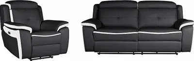 Produktbild von ANGELIQUE 3-Sitzer Sofa und Sessel aus Leder, mit elektrischer Relaxfunktion - schwarz und weiß.