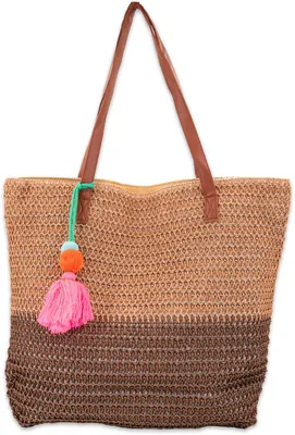 Produktbild von styleBREAKER Damen Bast Strandtasche 45 x 13 x 46 cm mit Reißverschluss | Zweifarbige Korbtasche mit Quaste | Flechttasche mit langen Henkeln für Strand & Shopping