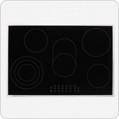 A top-down view of a black glass ceramic cooktop with an aluminum frame, set against a white background.