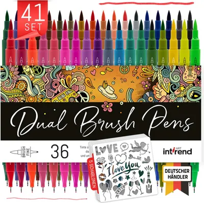 Produktbild von int!rend Dual Tip Brush Pen Set - 36 Farben Pinselstifte + 5 Schablonen - Bullet Journal Dicke und dünne Stifte - Filzstifte Art Marker Set für Erwachsene und Kinder