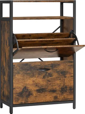 A shoe cabinet with two flip-down drawers and a storage drawer below, shown against a white background.