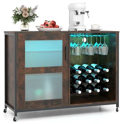 Immagine prodotto di Mobiletto bar, credenza per vini con illuminazione a LED, dotata di ruote e ripiani regolabili