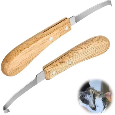 Produktbild von Professionelles Hufmesser Set aus 2 Edelstahl mit geraden Klingen - Für Links- und Rechtshänder, Holzgriff, Ideal für Hufpflege
