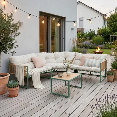 Produktbild von Loungeset 'Karg' Sofa mit Couchtisch Kissen Rattanoptik Grün / Beige