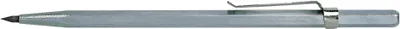 A close-up, side view of a gray metal scribe tool with a silver clip.