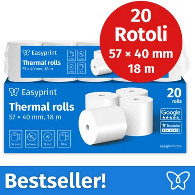 Immagine prodotto di NUOVO: Easyprint Rotoli termici / Rotoli per registratore di cassa, 20 rotoli, 57mm x 40mm x 12mm, 18m, ,  PEFC, per EPSON, IBM e molti altri