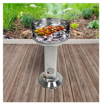 Produktbild von Säulengrill mit höhenverstellbarem Grillrost, Haltegriffen, Belüftungshebel, Windschutz und Ascheschublade, aus rostfreiem Edelstahl, runder Kohlegrill