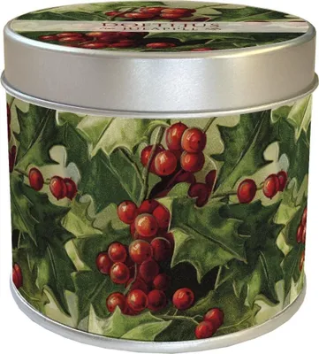 Imagen del producto de Vela perfumada en lata, diseño "Flores navideñas rojas", motivos de acebo