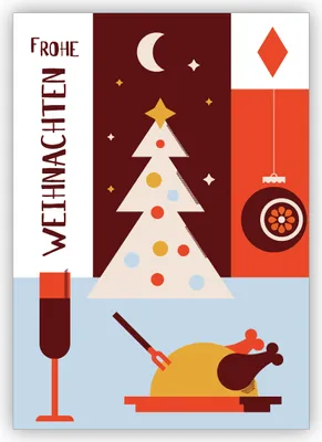 Produktbild von Moderne Retro Weihnachtskarte mit Weihnachtsgans und Weihnachtsbaum: Frohe Weihnachten