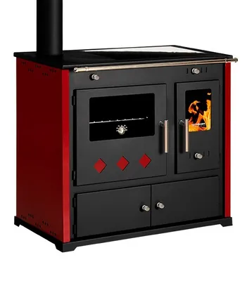 A red and black wood-burning stove with an oven and a glass door showing flames.