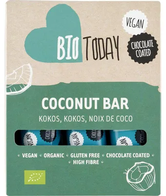 Produktbild von BioToday Vegan Schoko Riegel Kokos 120g – glutenfrei, zuckerfrei, ballaststoffreich Snack