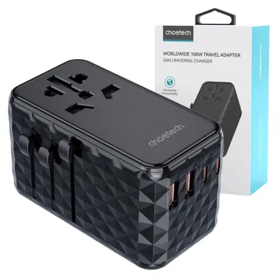 Image de Choetech Travel Adapter Pd6028 Eu / Us / Aus / Uk 2X Usb-C 2X Usb-A 100W - Noir