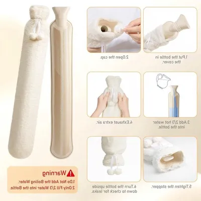 Lange Wärmflasche mit Hülle, 2 Liter, weiche flauschige Wärmflasche, Halswärme, wollartig, gegen Menstruationsschmerzen