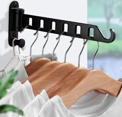 Produktbild von Wandgarderobe Klappbar 180° Drehbar Kleiderhaken Kleiderstange Wandhaken Garderobenständer Kleiderventilator für Balkon Waschküche Badezimmer (Schwarz, 1 Stk)