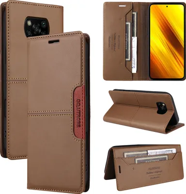 Obrázek produktu pro Pouzdro pro Xiaomi Poco X3 NFC/Poco X3 Pro, kožené flipové peněženkové pouzdro s přihrádkou na karty a stojánkem Hnědý