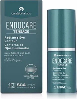 A product box and bottle of Endocare Tensage Radiance Eye Contour.