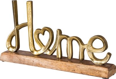 Home Aufsteller Schriftzug H17cm Metall Gold Holz Deko Mangoholz Tischdeko