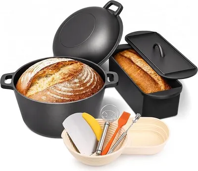 Imagen del producto de Olla de hierro fundido de 26 cm para hornear pan, incluye molde para pan con tapa e incluye cesta de fermentación. Molde robusto para pan con tapa. Ideal para hornear pan, molde para pan, olla de hierro fundido para pan, molde para pan de molde