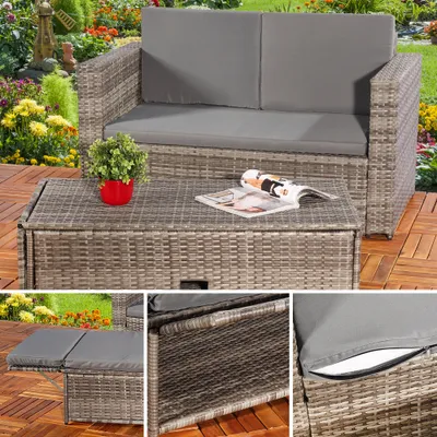 Produktbild von Gartensofa Fußbank Lounge Polyrattan Outdoormöbel Sitzgarnitur Couchset grau