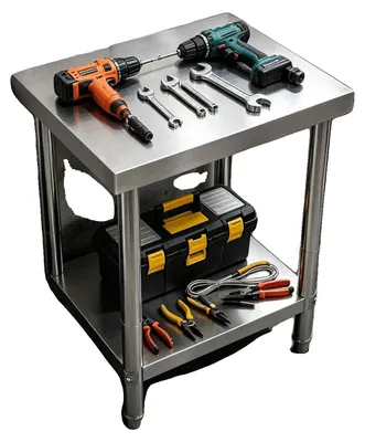 Imagen del producto de Mesa de trabajo de acero inoxidable, acero 201, 60 x 60 x 80 cm, capacidad de carga de 400 kg, diseño de 2 niveles, patas ajustables de 1 cm