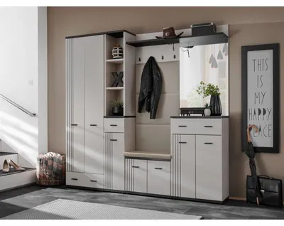 Image de Ensemble meuble d'entrée Hugo VIII avec miroir, armoire et coussin d'assise - Bois MDF cachemire et noir - 210 x 203 x 32 cm