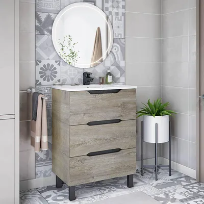 Produktbild von Sozop - Unterschrank, 60x45x86h cm, Braun Eiche Grau, 3 Schubladen