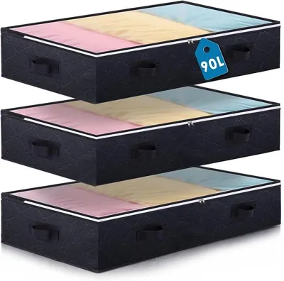 Produktbild von PolkaHome® 3er Set Unterbett-Aufbewahrungstaschen 90 L, große faltbare Aufbewahrungsbeutel mit Deckel und Griffen für Kleidung,