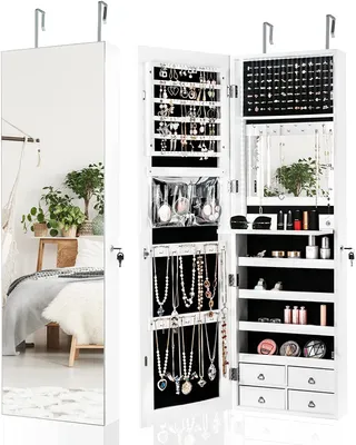 Produktbild von COSTWAY Schmuckschrank mit LED Beleuchtung, Schmuckregal mit Ganzkörperspiegel, Sipegelschrank mit 4 Schubladen, 4 Regale für Schmuck & Kosmetik, Schrank Tür- und Wandmontage (weiß)