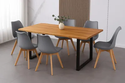 Produktbild von 7 TLG. Essgruppe Josy | Esstisch mit 6 Stühlen | 160x85 cm mit Baumkante | Holz Wildeiche-Optik | 40 mm Platte | U-Gestell Schwarz | 6X Schalenstuhl Grau + Buche-Gestell