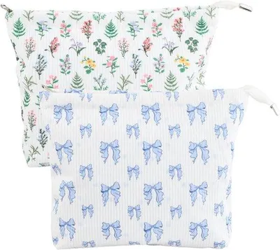 Produktbild von Zweiteilige elegante Canvas-Ladetasche für Damenkosmetik, Reisebeutel für Toilettenartikel, mit blauen Blumenstrick