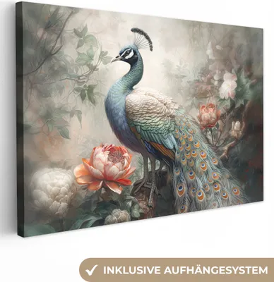 Produktbild von MuchoWow® - Leinwandbilder - Pfau - Pfauenfedern - Vogel - Dschungel - Blumen, Wandbild, Wanddeko Bilder Wohnzimmer, 120x80 cm