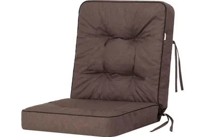 A brown chair cushion with tufting and black piping, shown against a white background.