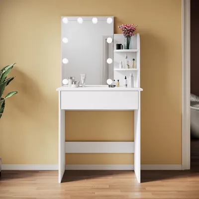 Produktbild von SONNI weiße Kommode 70x40x140cm LED-Lichtkommode mit einstellbarer Helligkeit mit Spiegel und Schublade