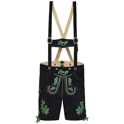 Produktbild von Kurze Trachten Lederhose mit Hosenträger Trachtenhose Schwarz mit Stickerei, Größe:54/XL, Farbe:Grün