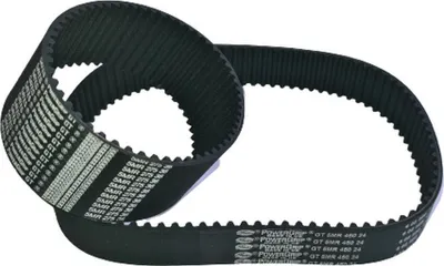 A black toothed belt is shown against a white background.