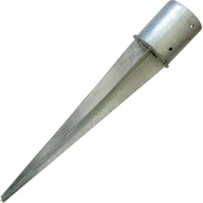 A galvanized metal ground spike for fence posts.