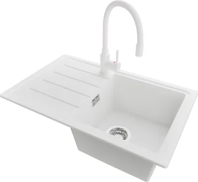 Produktbild von PRIMAGRAN Granitspüle Weiß 70x44cm, Spülbecken 1 Becken + Küchenarmatur 38x14cm + Ablauf-Set, Küchenspüle ab 45er Unterschrank - Kopenhagen Easy