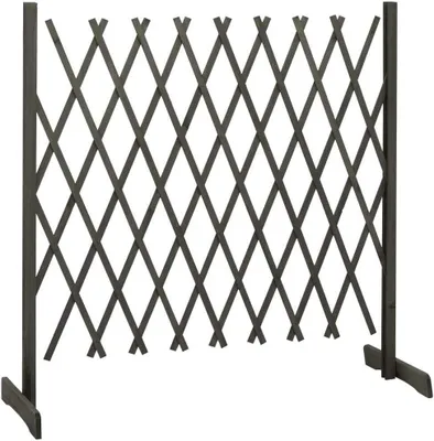 A dark gray wooden lattice fence on a white background.
